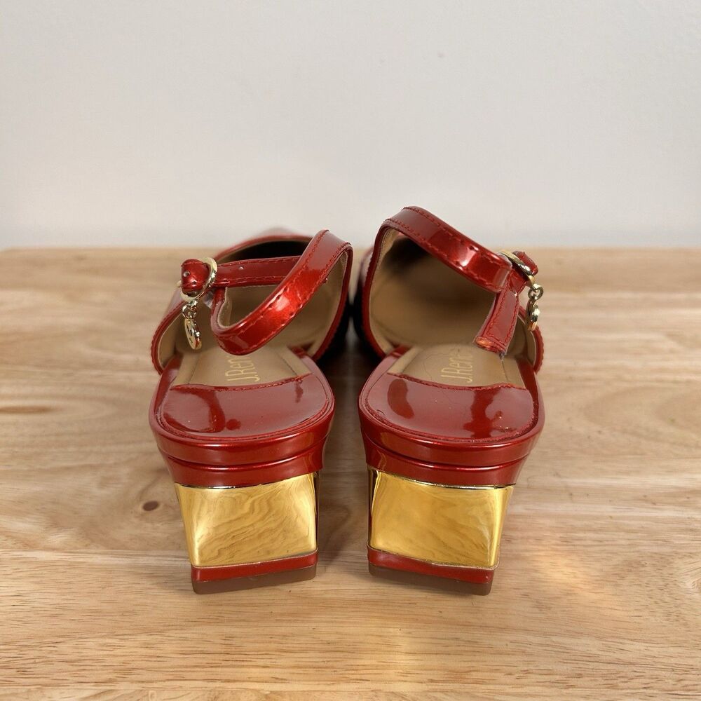 J Renee Red Patent Slingback Heels 9M Gold Block Heel Pointed Toe Dress Shoes - Picture 5 of 9
